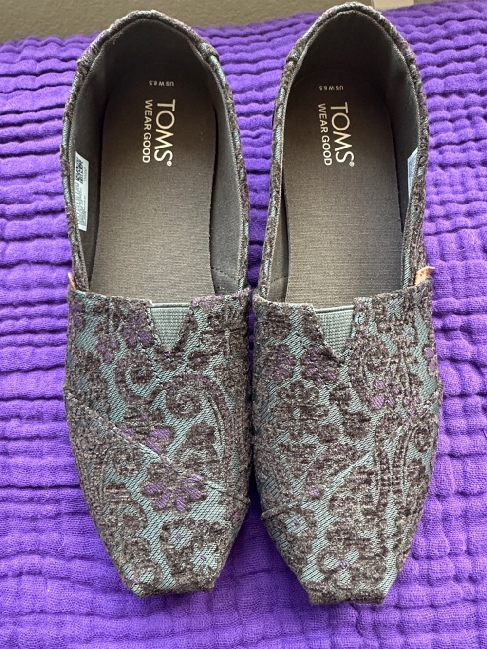 TOMS Slip-On Flats in Purple and Gray brocade NWOT